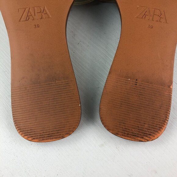 Zara Women's Size 39 Beige Patent Open Toe Square Toe Slip On Flats Sandals - Picture 9 of 11